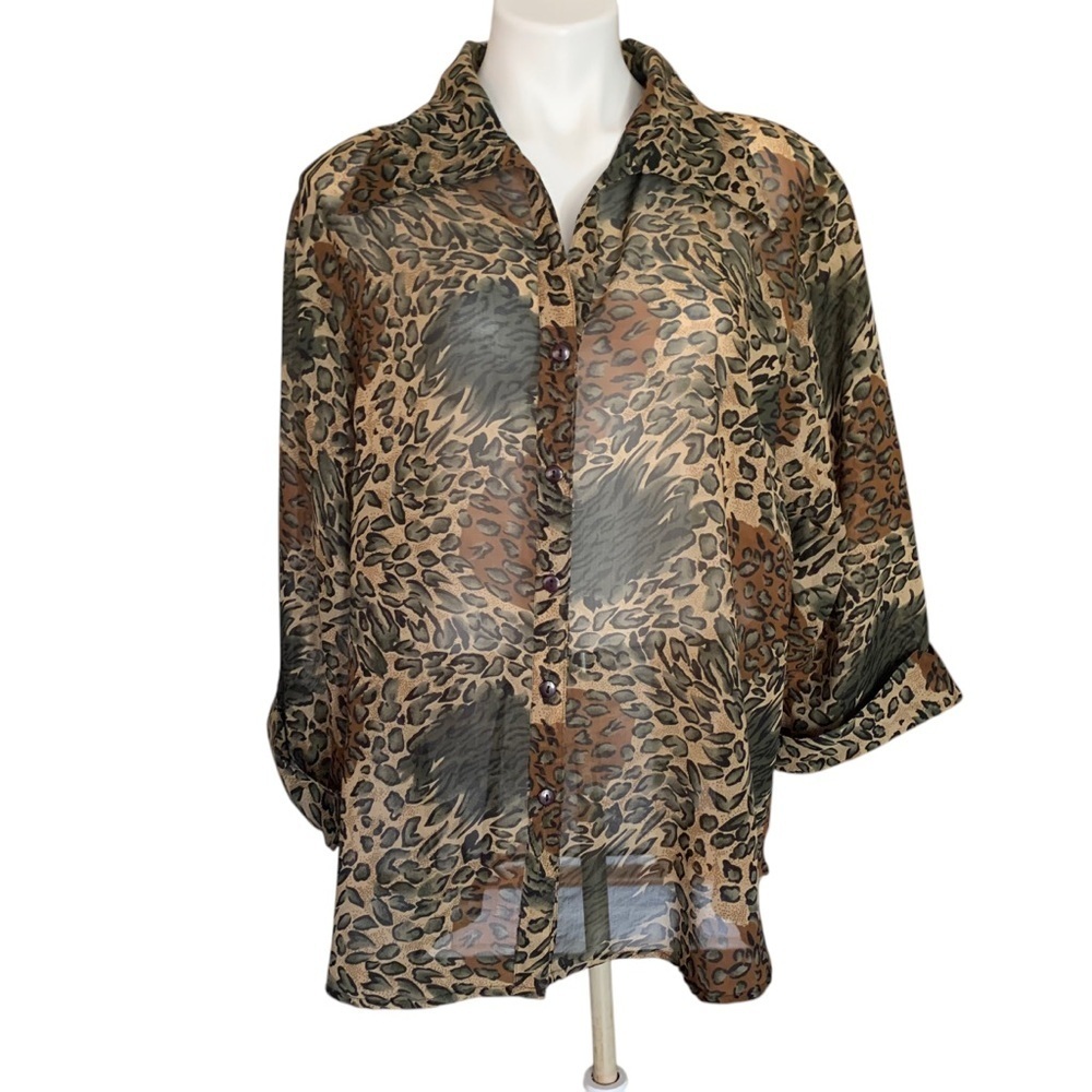 Plus Size Animal Print Blouse Olive Green Brown Sheer 3/4 Sleeve Sz 3X